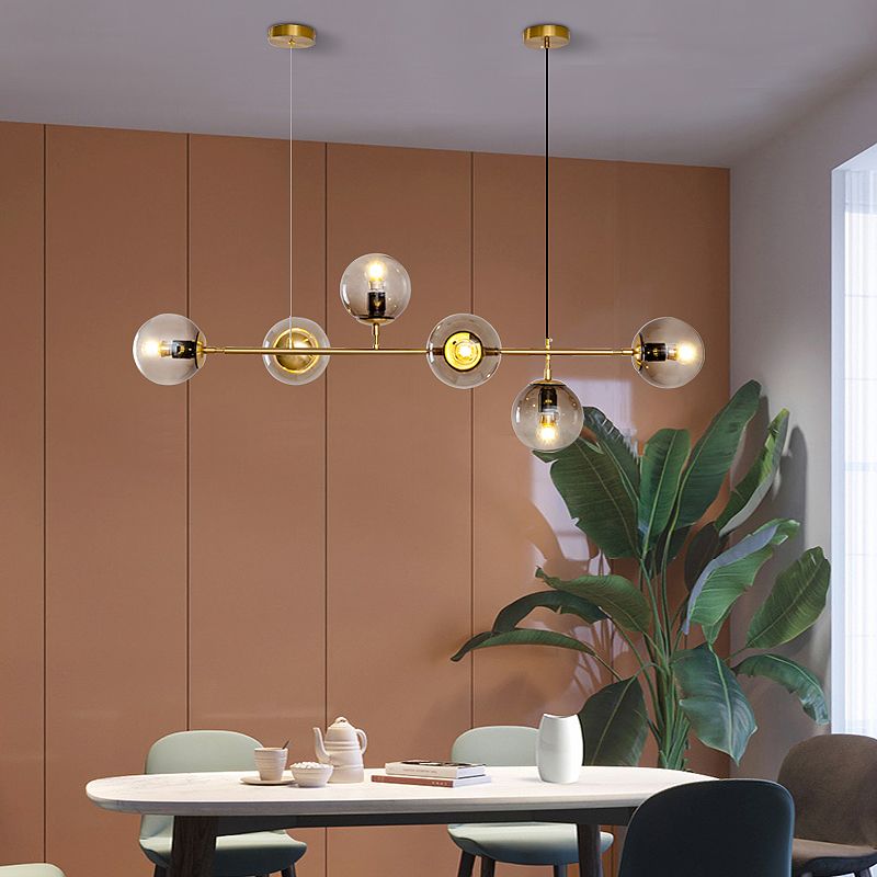 Gold Metal Island Light Modern 6-Head Restaurant Hanging Lamps with Globe Glass Shade