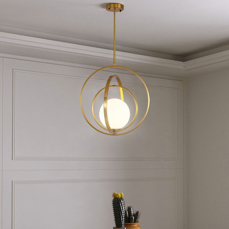 Spherical White Glass Pendant Lamp Postmodern 1 Head Gold Pendulum Light with Metal Rings