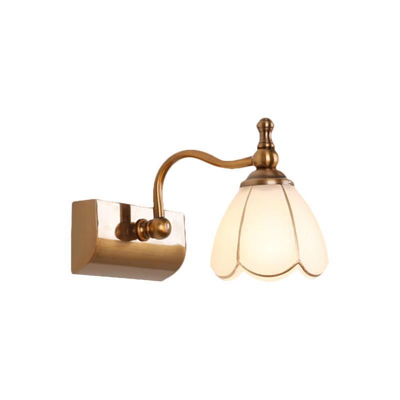 White Glass Brass Vanity Lamp Scalloped 1/2-Light Rustic Style Wall Mounted Lighting with Curved Arm