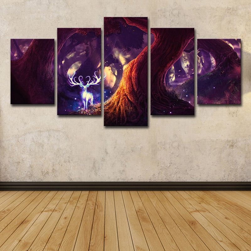 Fairy Tale Forest Deer Canvas Cartoon Multi-Piece Wall Art Decor in Purple for Home