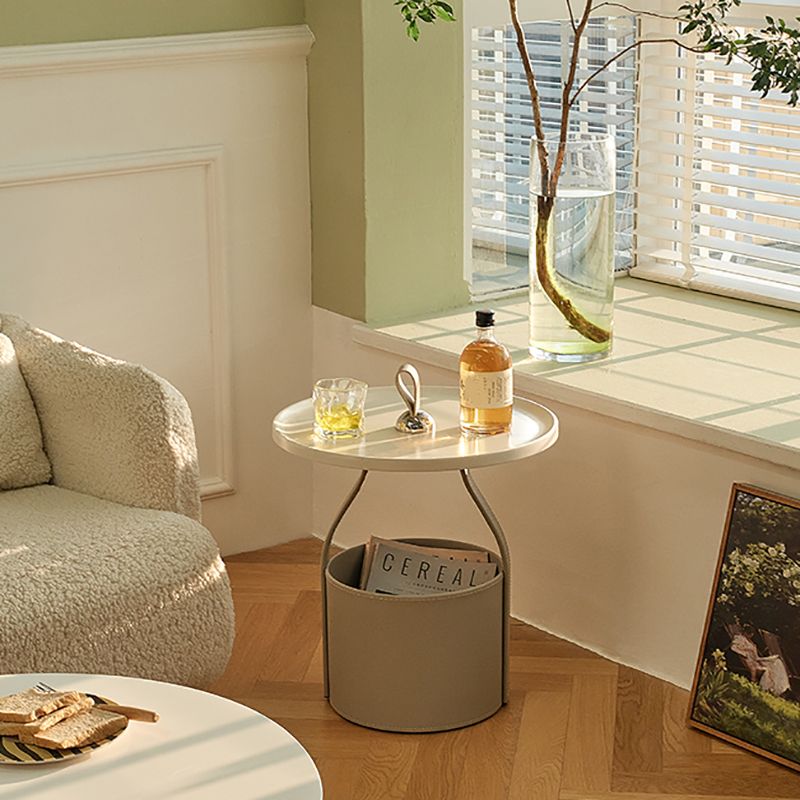 Contemporary Round Side End Table Leather Pedestal End Table