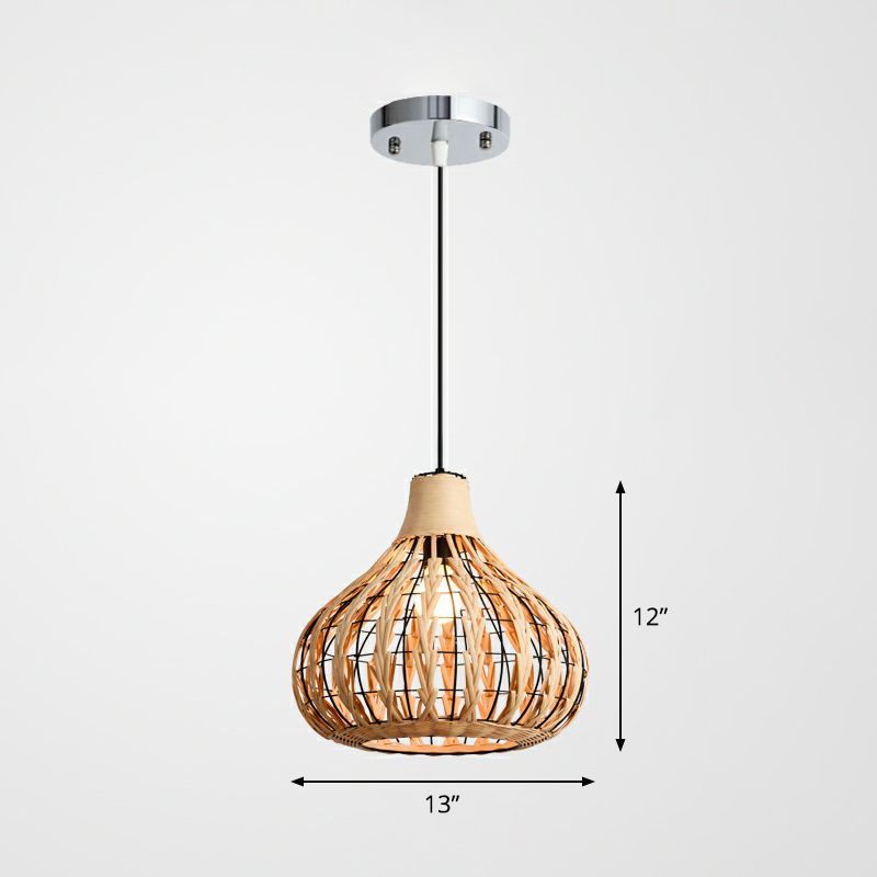 Pear Shaped Suspended Lighting Fixture Rustic Bamboo Single Restaurant Pendant Light in Wood