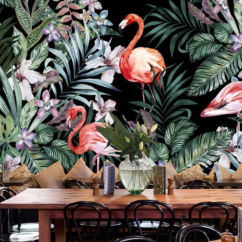 Whole Illustration Tropical Wall Mural for Guest Room with Flamingo and Plant in Pink and Green