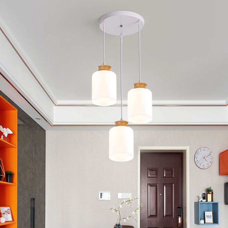 Cylinder Multi Light Chandelier Modern White Glass 3 Heads Wood Suspension Lamp with Round/Linear Canopy