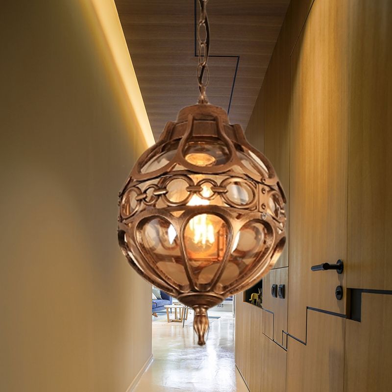 Restaurant rond Hanging Light Farmhouse Amber Glass 1 Light Black / Brass Plafond Suspension Lampe avec cage