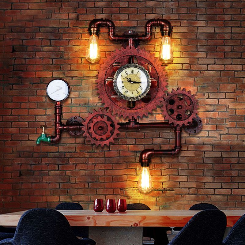 Rust Open Bulb Wall Lighting Factory Metal 2/3-Light Restaurant Sconce with Pipe and Gear Design