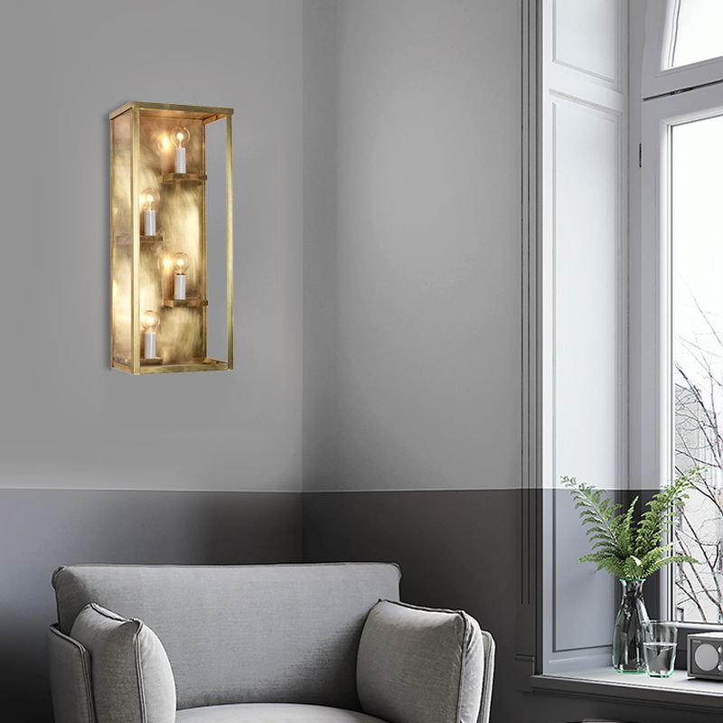 Cuboid Box Wall Mount Light Vintage Metallic and Clear Glass 4 Bulbs Gold/Black Sconce Light