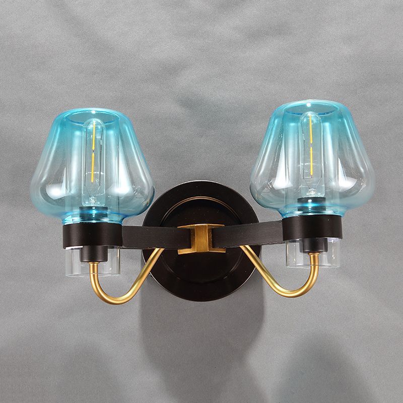 Mushroom Blue Glass Wall Mounted Lamp Modern 2 Bulbs Bedroom Sconce Light in Black