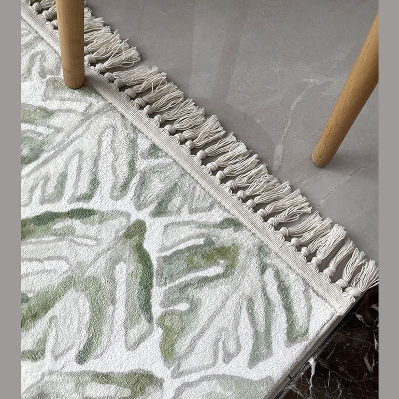 White Area Rug Polyester Floral Pattern Rug Fringe Washable Area Carpet for Living Room