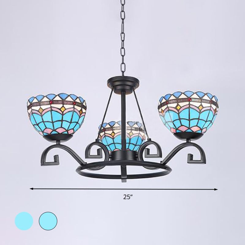 Dome Hanging Chandelier 3/6/8 Lights Blue/Blue and Clear Glass Baroque Ceiling Pendant for Living Room, 25"/29"/36.5" W