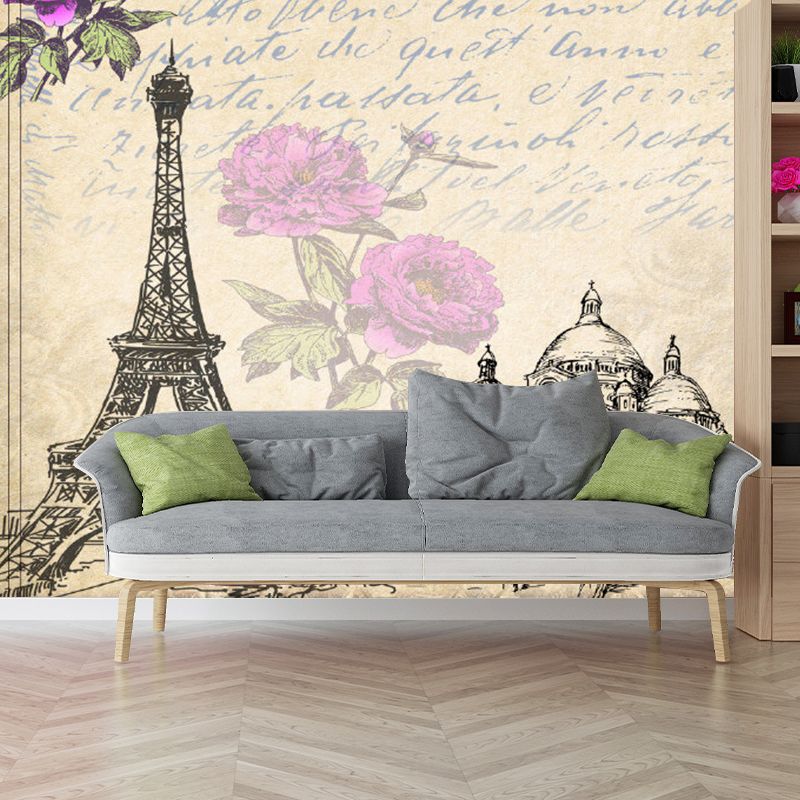 Retro Eiffel Tower Mural Wallpaper in Soft Brown Girl's Bedroom Wall Covering, Personalized Size Available
