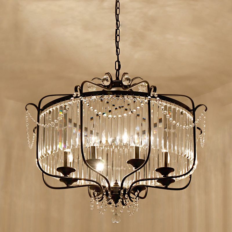 Candle Ceiling Chandelier Retro Prismatic Crystal Hanging Lamp with Scroll Frame