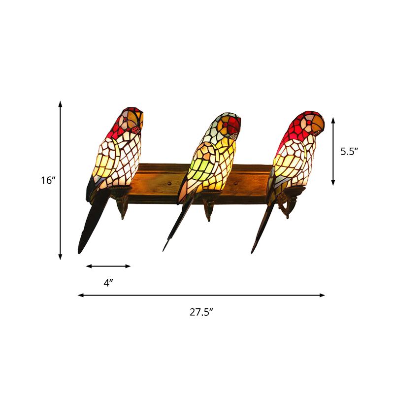 3 Lights Parrot Shaped Wall Lighting Rustic Lodge Stained Glass Sconce Light for Living Room
