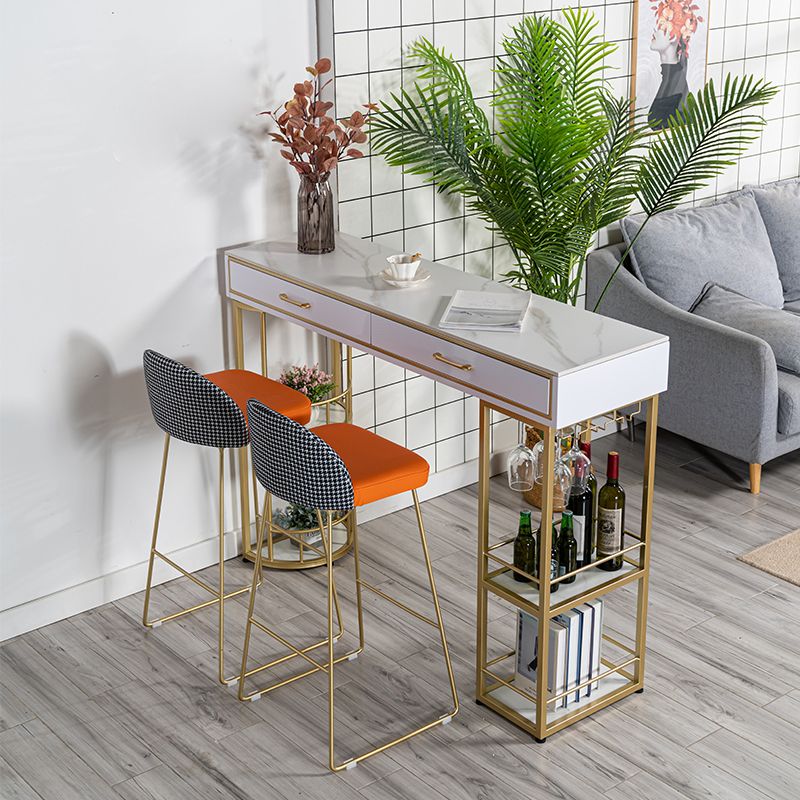 Stone Rectangle Bar Table Metal Base with Drawers for Living Room