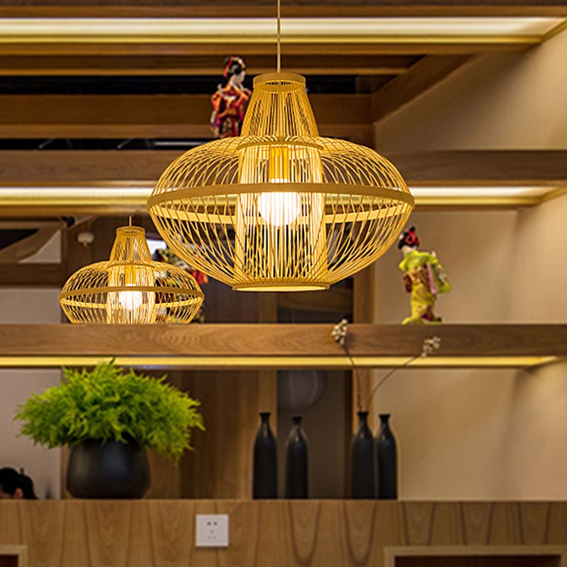 1 Head Restaurant Pendant Lamp Asia Wood Hanging Ceiling Light with Curved Bamboo Shade