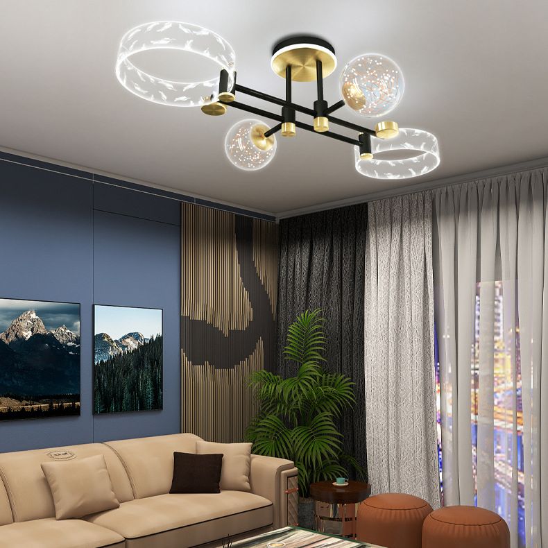 Ring and Ball Acrylic Ceiling Fixture Minimalist Black-Gold LED Semi Flush Mount Light for Living Room