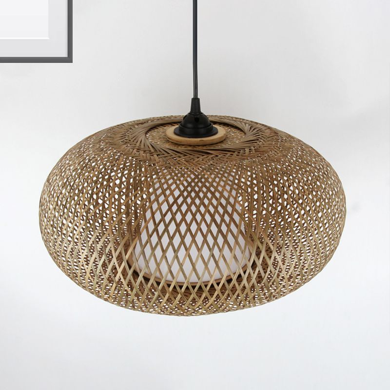 Curved Drum Pendant Lighting Tradition Bamboo 1 Bulb 12"/14"/16" Wide Wood Hanging Lamp Kit