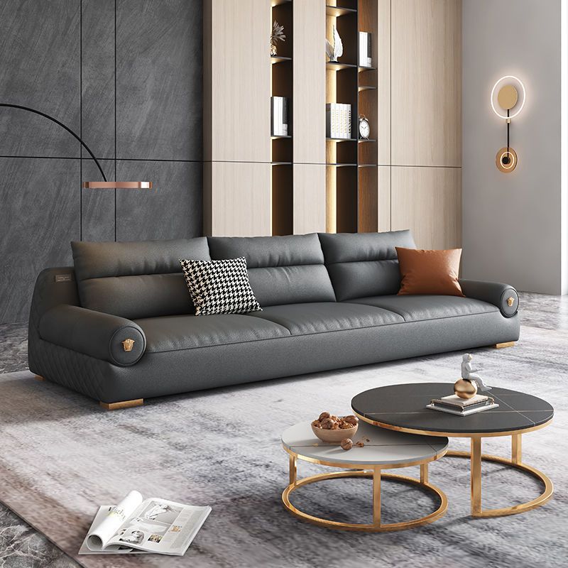 Stain Resistant Faux Leather Round Arm Sofa Standard Sofa with Sewn Pillow Back