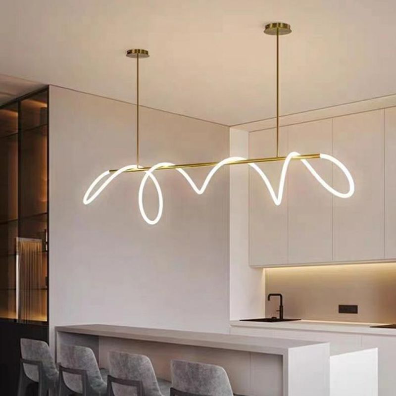Modern Minimalism Gold Linear Island Pendant Lighting LED Metal Island Ceiling Light for Dining Table