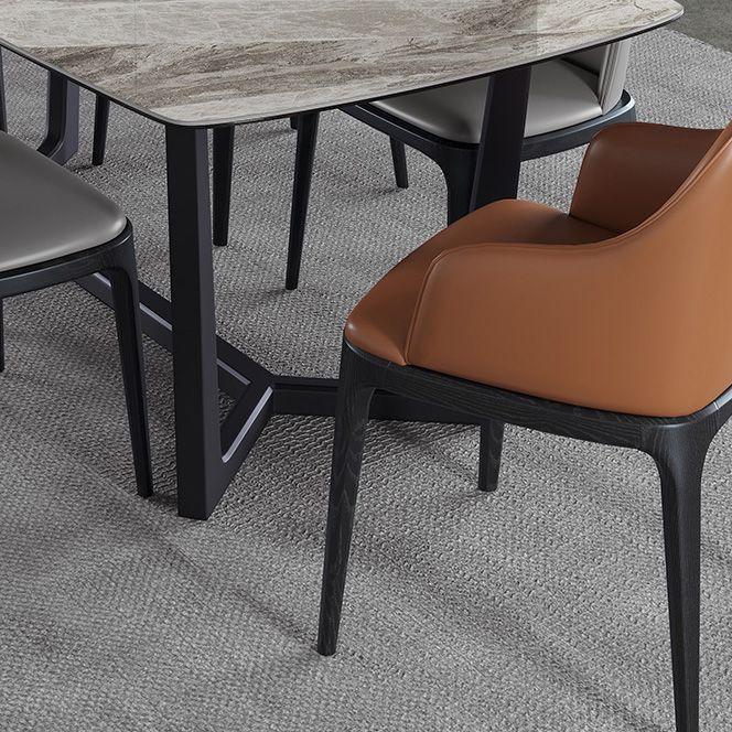 Mesa industrial rectangular con base de caballete, mesa fija en tono gris con piedra sinterizada