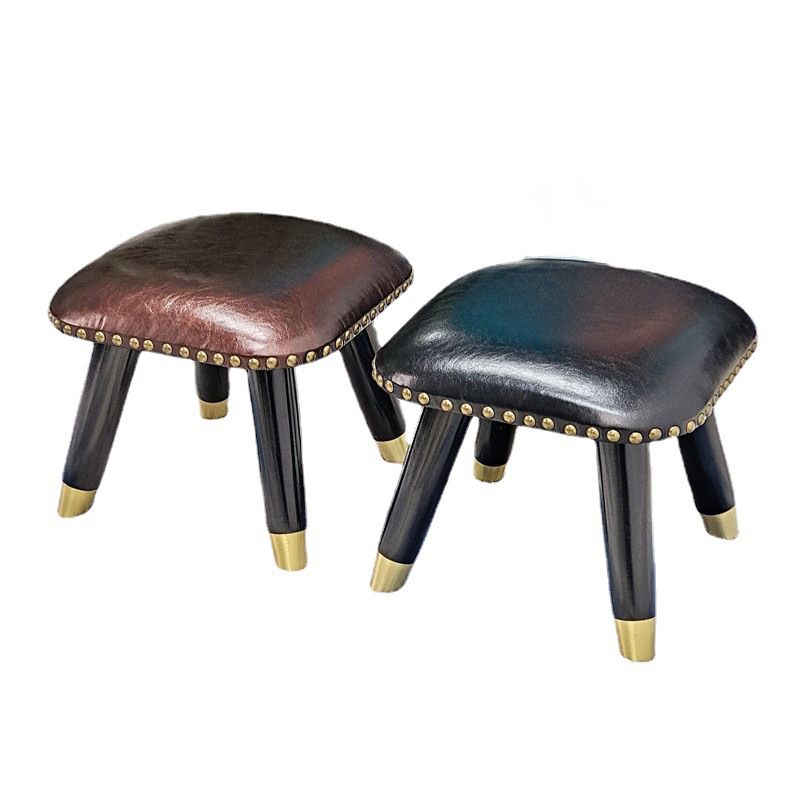 Glam Footstool Ottoman Genuine Leather Upholstered Nailhead Trim Square Ottoman