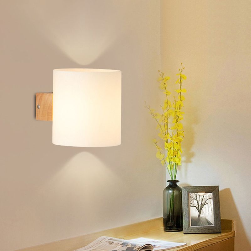 Wooden Cylindrical Wall Lamp in Modern Concise Style White Glass Wall Sconce for Interior Spaces