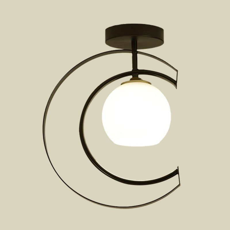 Modern Globe Semi Flush Light White Glass 1-Light Bedroom Ceiling Mounted Lamp in Black with Moon Iron Frame