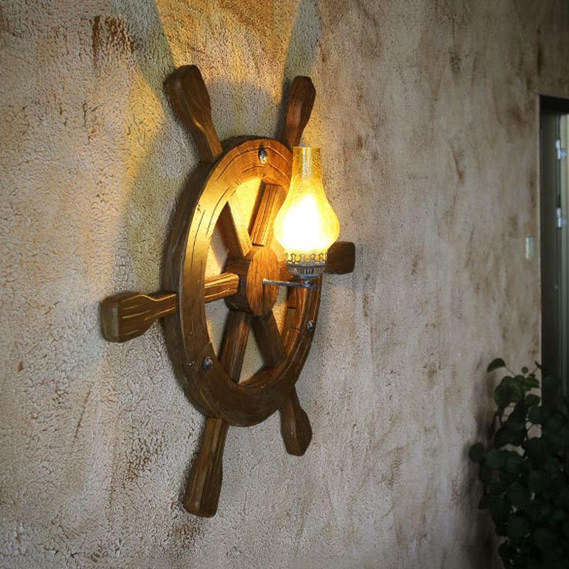 Black 1 Head Sconce Lamp Retro Amber Crackle Glass Vase Wall Light Sconce with Wood Rudder Deco