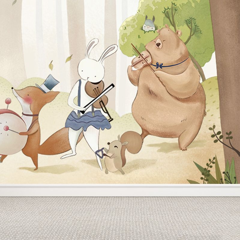 Customised Illustration Kid's Style Mural Wallpaper with Cartoon Animals in Light Color