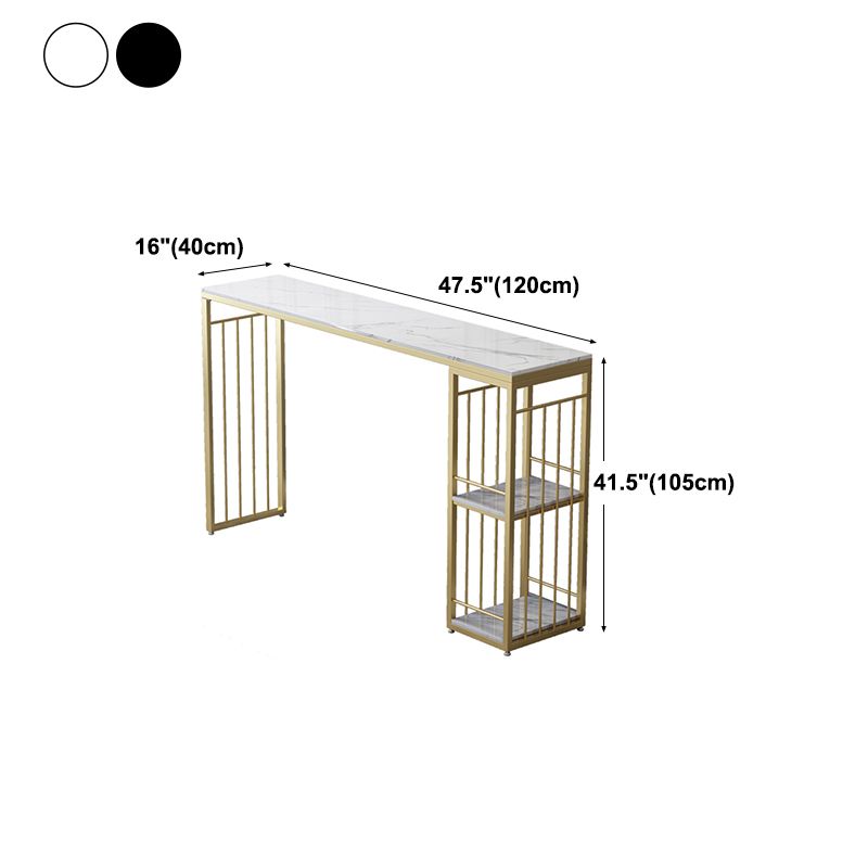 Mesa de barra de pub de piedra de glam rectángulo de oro de oro de hierro de doble pedestal mesa de comedor con 2 estantes