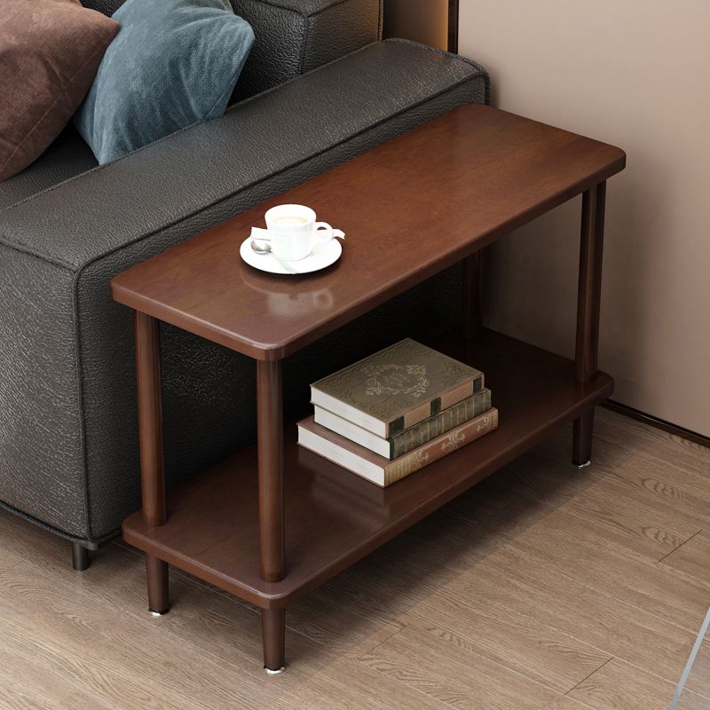 Modern Solid Wood End Slide Table 4 Legs with Shelf Double Tier Side Table