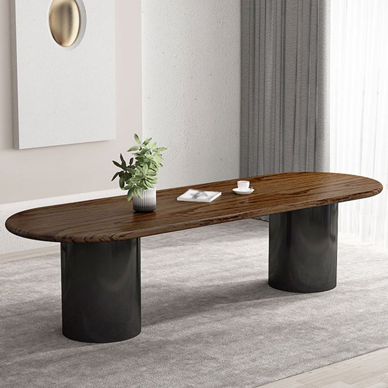 Table de salle à manger en bois foncé ovale Tableau de bois massif moderne avec piédestal double