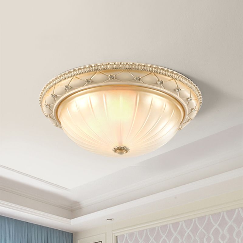 Beige Bowl Shaped Flush Ceiling Light Traditional Ribbed Glass 2/3 Lights 11.5"/16"/19.5" W Bedroom Flush Mount