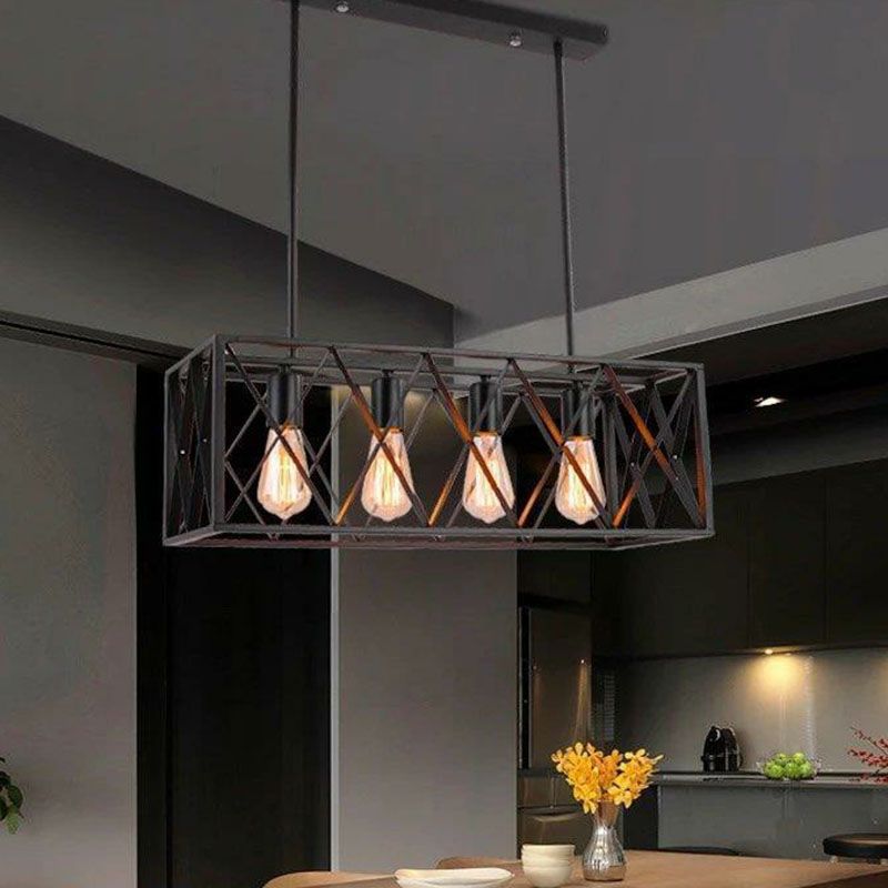 Industrial Cross Framed Box Pendant Light Iron Hanging Island Light in Black for Dining Room