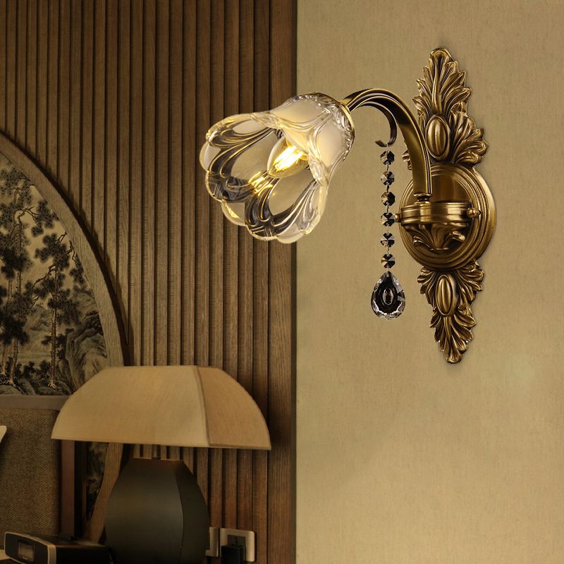 Flower Frosted Glass Wall Mount Light Traditional 1 Head Bedroom Sconce Light Fixture in Brass