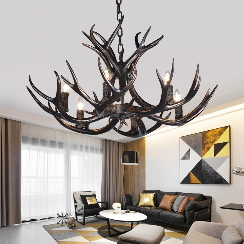 3/5/6 Heads Resin Chandelier Vintage Style Black Candelabra Living Room Pendant Light with Adjustable Chain