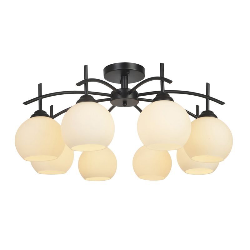 Plafonnier satellite artificiel classique traditionnel en fer forgé semi - encastré avec abat - jour en verre blanc