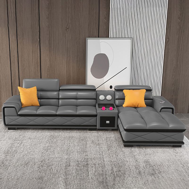 Contemporary Cloud Gray Square Arm Stationary Genuine Leather Sofa