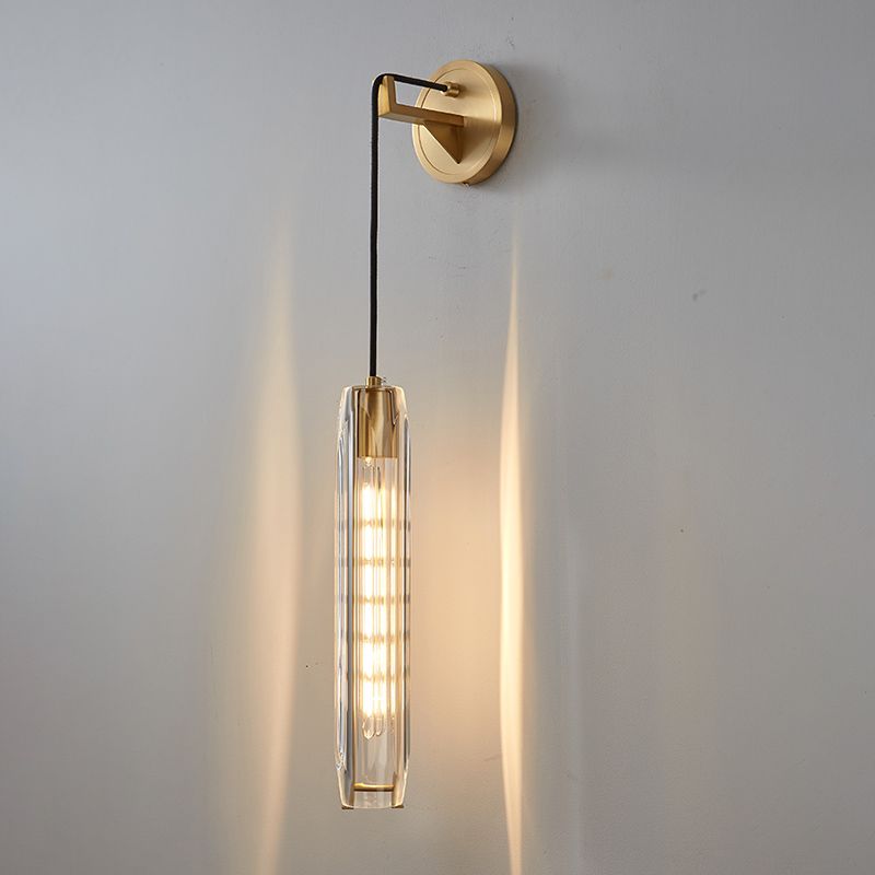 Modern Luxury Single Hanging Wall Lamp Copper Cylindroid Wall Light with Crystal Shade
