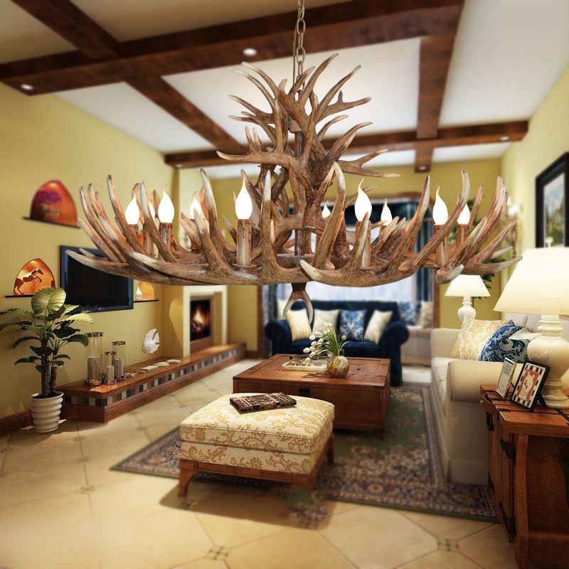 Faux Antler Wood Chandelier Light Fixtures Rustic Living Room Chandeli