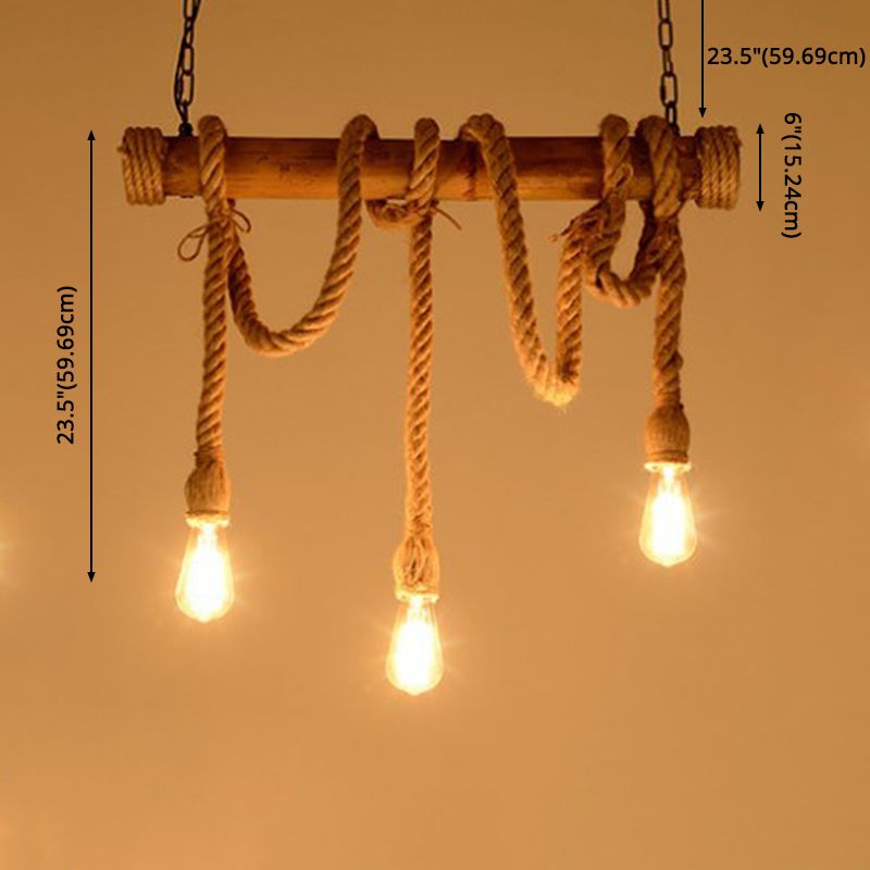 Country Style Hemp Rope Island Light Bamboo 3 Lights Bare Bulb Bar Decorative Island Pendant