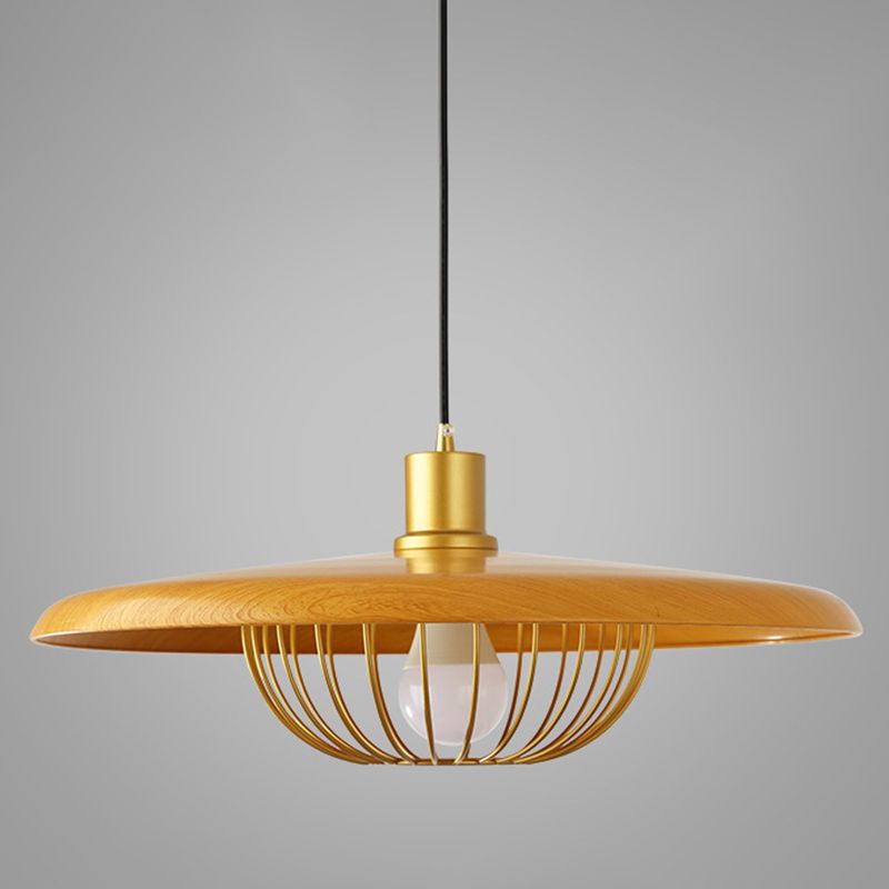 Pendre en bois de style moderne avec une lampe de suspension de bulbe simple à cage en métal doré pour le café