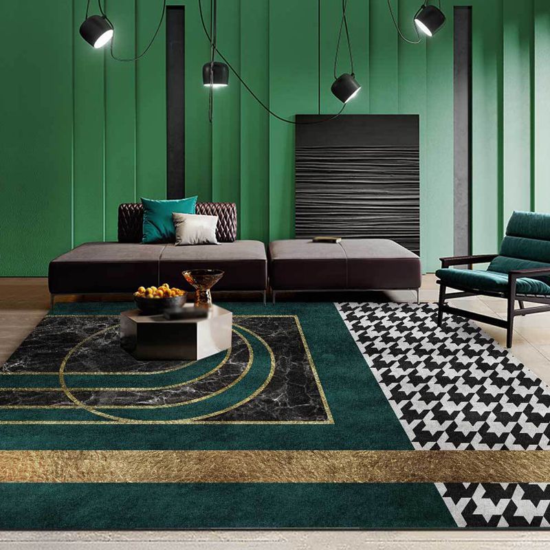 Green Geometric Pattern Rug with Houndstooth Polyester Minimalist Rug Pet Friendly Washable Non-Slip Area Rug for Living Room