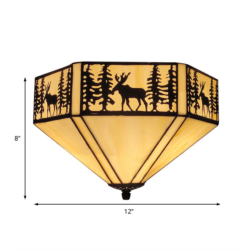 Geometric Shade Flush Mount Ceiling Light Retro Style Stained Glass 1/2 Light Flushmount Ceiling Light in White