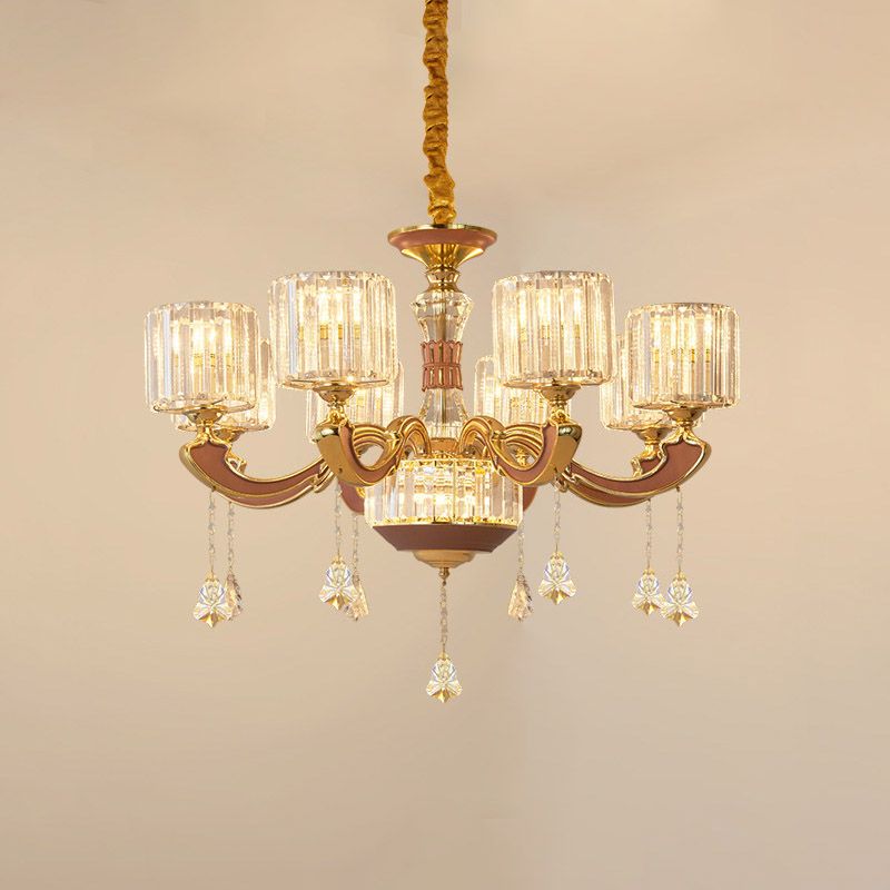Mid Century Column Pendant Lamp 8-Light Crystal Block Chandelier Light Fixture in Gold