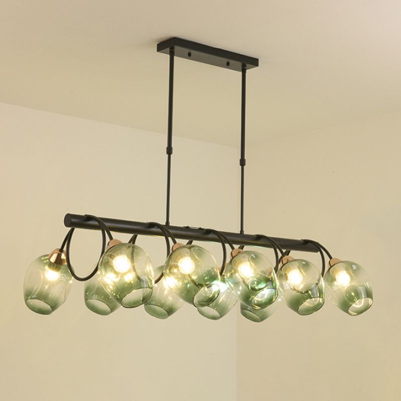 Wine Cup Island Light Modern Dimpled Blue/Green Ombre Glass 6/8/10-Head Black Suspended Lighting Fixture