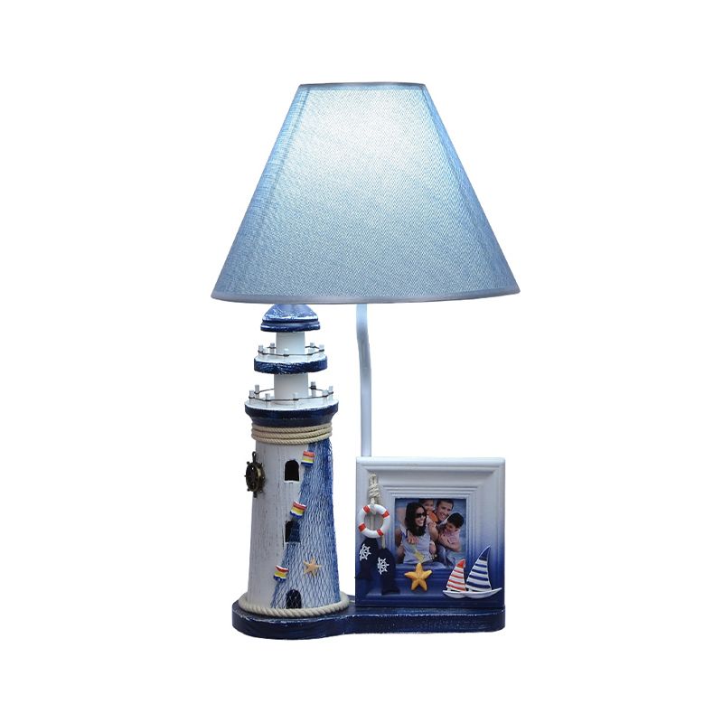 Lámpara de madera de faro Niños 1 bombilla Luz de mesa azul con sombra de tela y marco de fotos