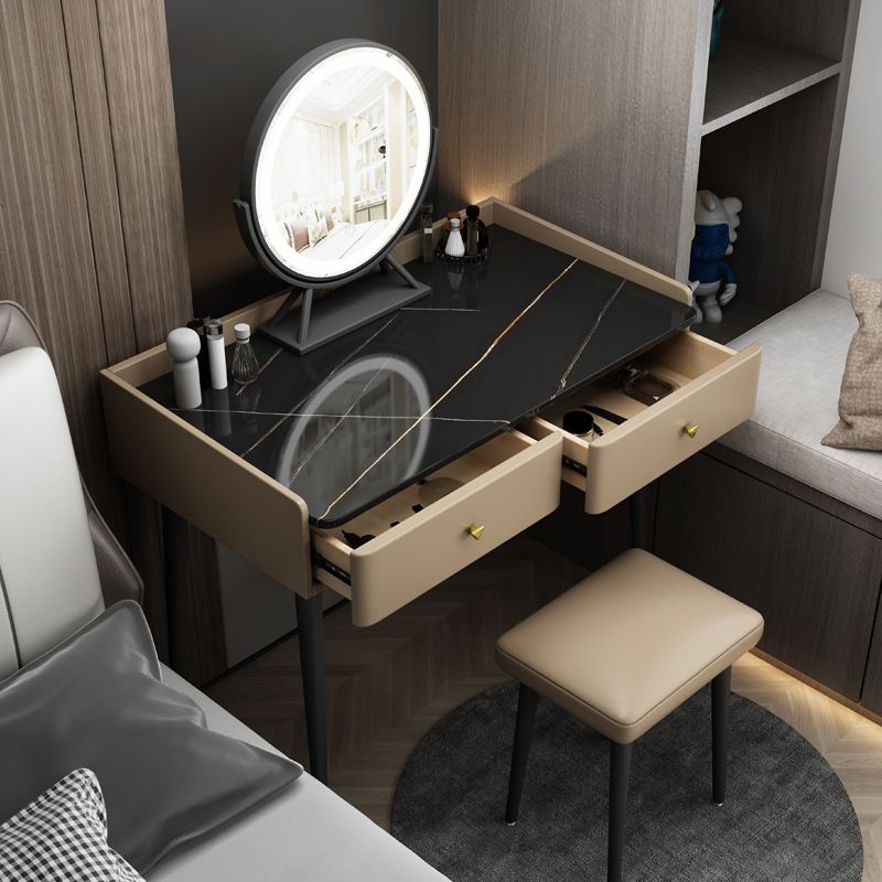 Contemporary Vanity 2 Storage Drawers Dressing Table with Padded Stool