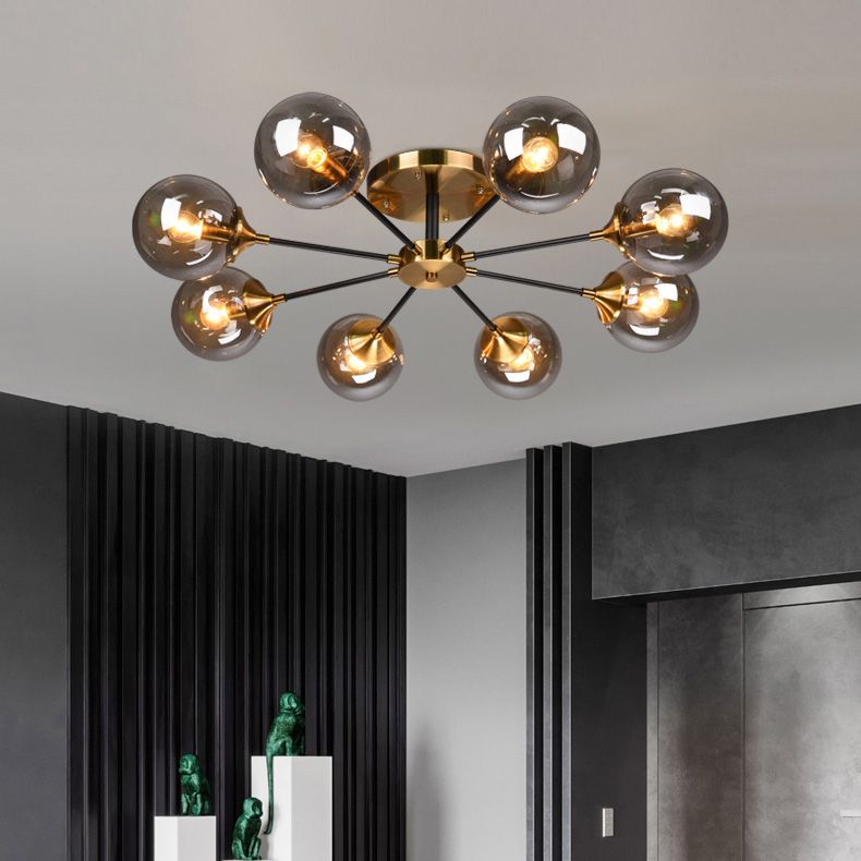 Moderne artistieke globe-plafondlamp, gelakt ijzer, semi-inbouw met glazen kap