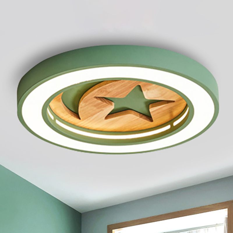 Baby Room Circulaire Flushmount Light with Star & Moon Wooden Nordic LED Ceiling Light